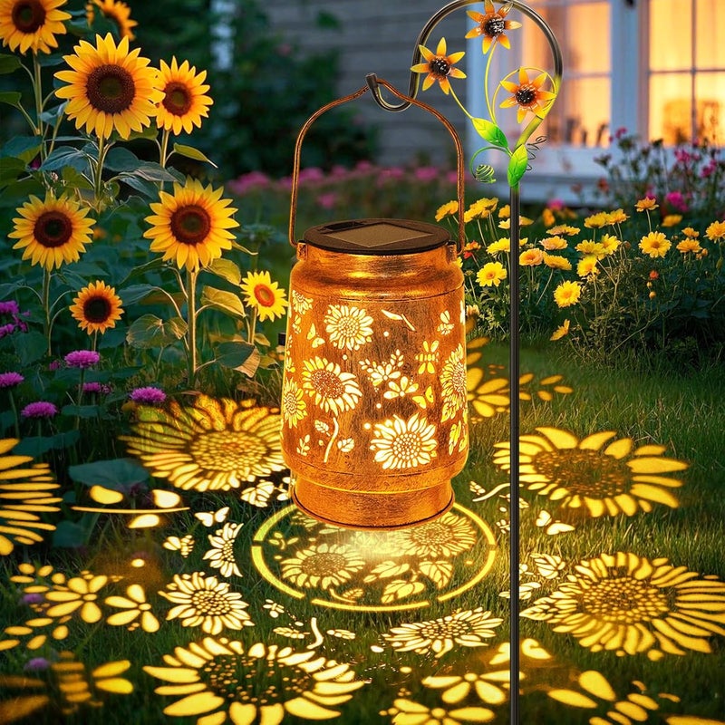 SANDECO Sunflower Solar Lanterns Outdoor Waterproof, Gifts for Women Mom Grandma Birthday, Metal Hanging Lantern Solar Lights LED Decoration with Shepherd Hook Outside for Yard, Patio, Porch, Garden Decor - Image 1
